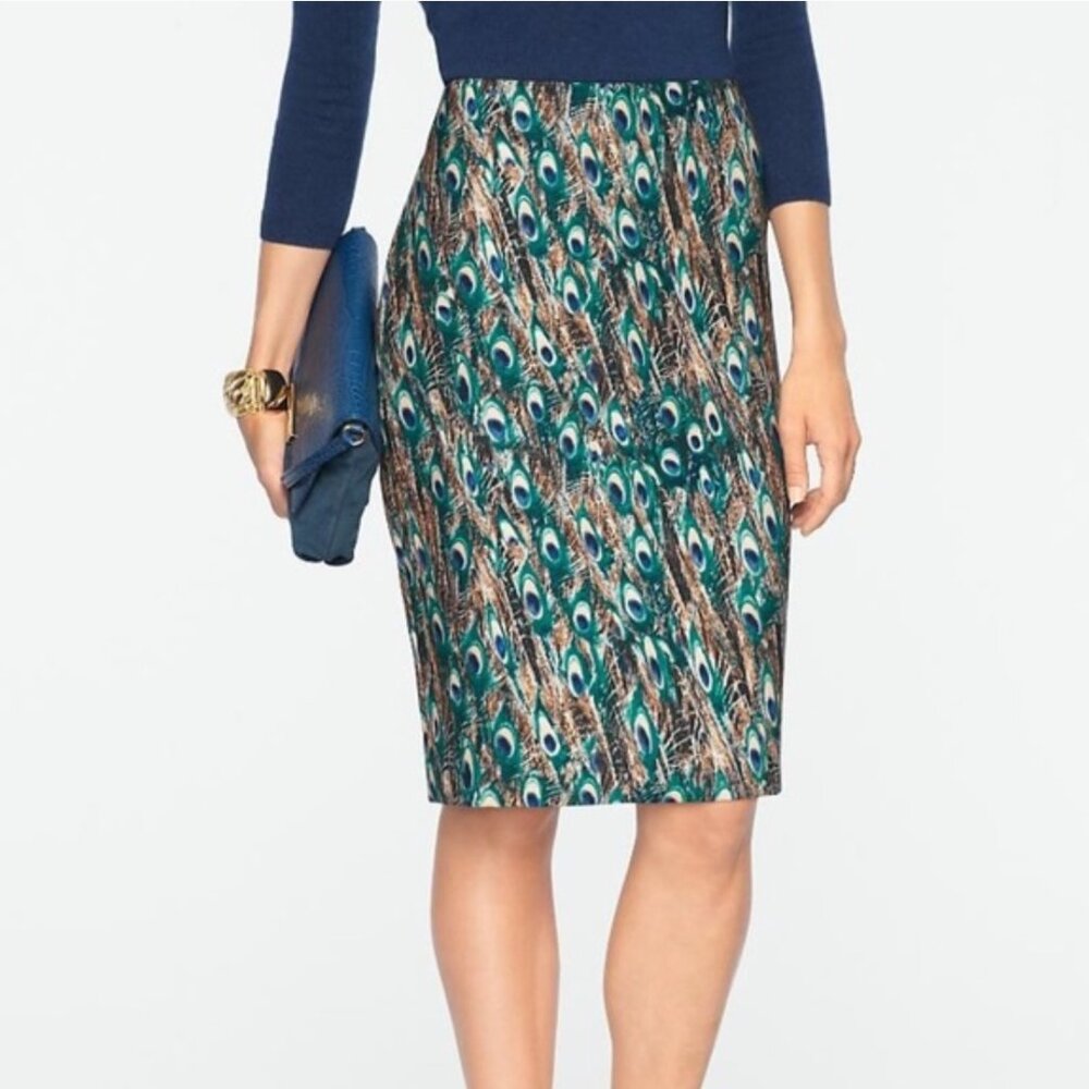 Talbots Peacock Skirt 12p Print Stretch Pencil Ss. 12 Petite Office Women